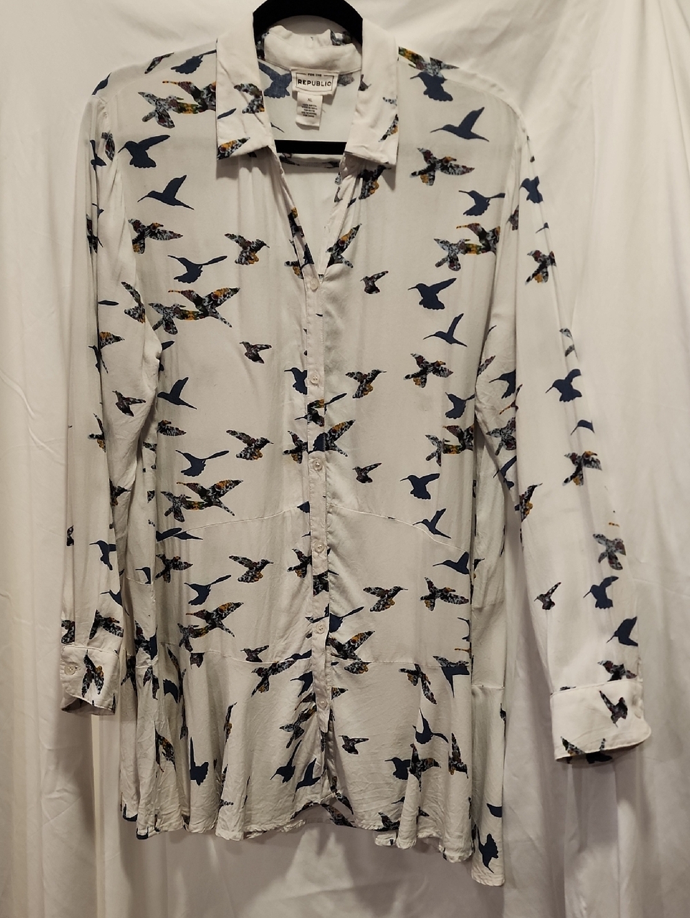 For The Republic White Rayon Shirt with Navy Bird Print